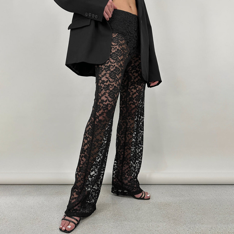 OM-2025 Summer New Arrival Sexy and Versatile Lace See-Through High-Waisted Patchwork Long Straight Leg Pants Women's Pants
